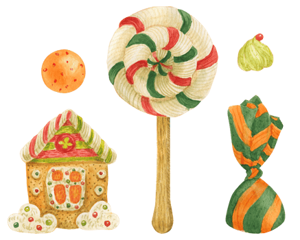 Gingerbread house and Christmas sweets, watercolor illustration png