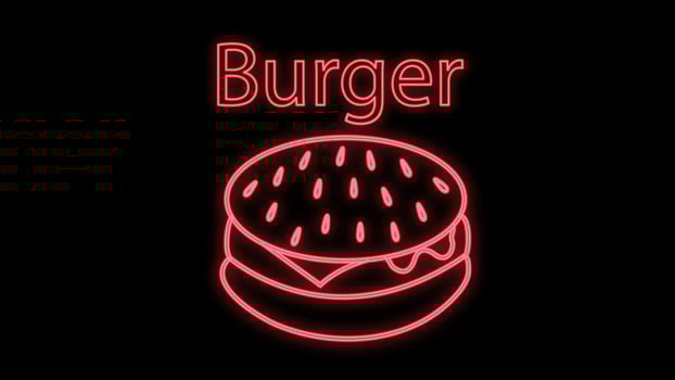 bright, neon, appetizing burger, vector illustration. pink neon food on a black background. icon for cafe, fast food. unhealthy lunch, salty snack. delicious toasted burgers sandwich