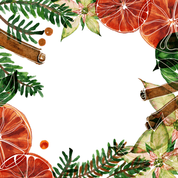 Christmas text space square frame with watercolor poinsettia and ale and spices png