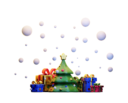 Gift boxes and Christmas tree under night snow. Clay illustration png