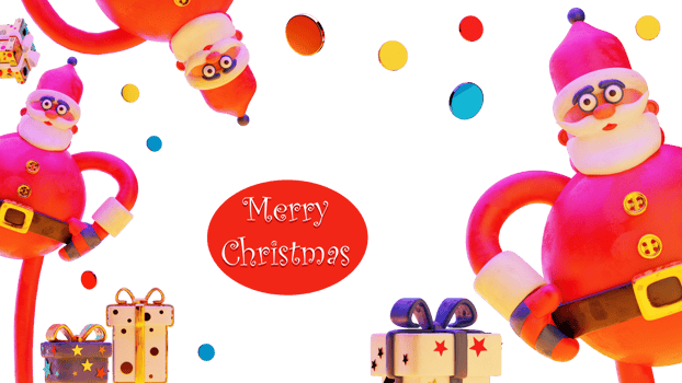 Funny Santa Clauses and gift boxes under golden confetti in red background png