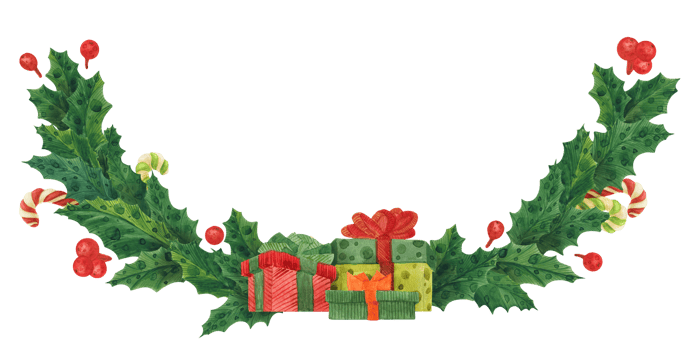 Christmas holly garland with gift boxes and candy canes, watercolor illustration png