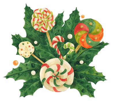 Christmas holly bouquet with lollipop and candy cane, watercolor illustration png