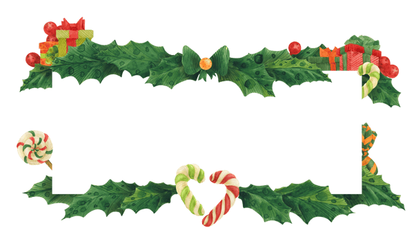 Christmas holly border with candy canes and gifts, watercolor illustration png