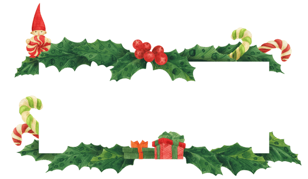 Christmas holly border with gnome and candy canes and gifts, watercolor illustration png