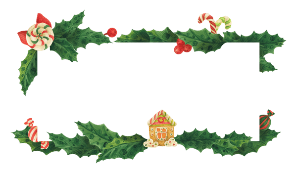 Christmas holly header with gingerbread house and candies, watercolor illustration png