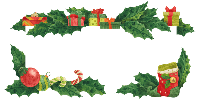 Christmas holly border with stockings and gifts, watercolor illustration png