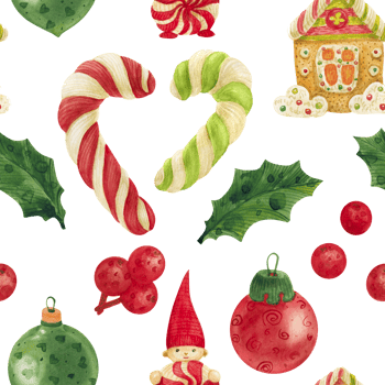 Christmas Elves Factory pattern with candy canes, holly and glass baubles png