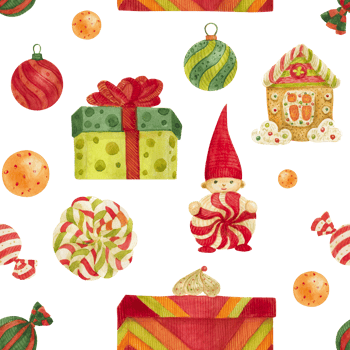 Christmas seamless watercolor pattern with gingerbread and lollipops and gifts on a white png