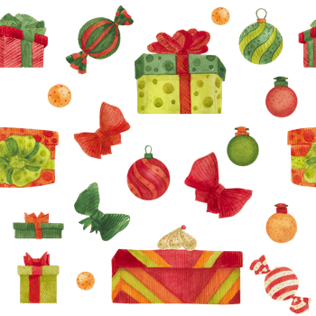 Christmas seamless watercolor pattern with sweets and gift boxes on a white png