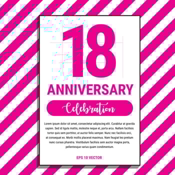 18 Year Anniversary Celebration Design, on Pink Stripe Background Vector Illustration. Eps10 Vector