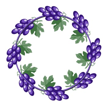 Round frame, bright purple juicy grapes with leaves, copy space, vector illustration in cartoon style