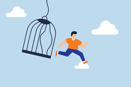 get out of comfort zone to find new job. courage businessman escape from bird cage jump and fly away vector