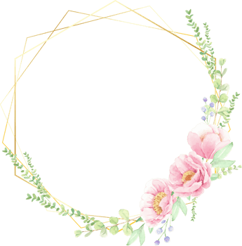 watercolor pink peony flower bouquet arrangement wreath with golden frame for logo or banner png