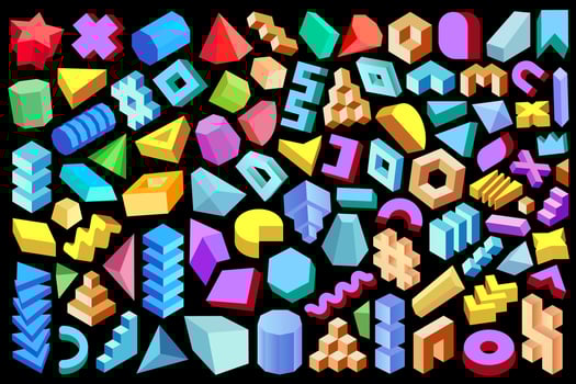 3D geometric design elements collection. Set of abstract geometric shapes, forms and figures isolated on black background. vector