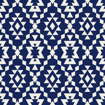 Ethnic geometric pattern. Blue-white color aztec geometric shape diamond grid seamless pattern background. Use for ethnic fabric, textile, interior decoration elements, upholstery, wrapping. vector