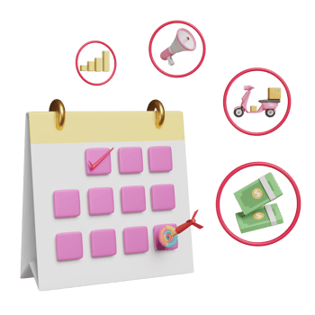 Calendar date with delivery scooter, charts and graph, megaphone, banknote, target, darts isolated. analysis business financial data or appointments concept, 3d illustration or 3d render png