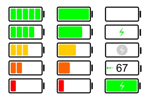 Battery charge indicator set. Battery level of the phone, tablet, watch. Battery icon. vector