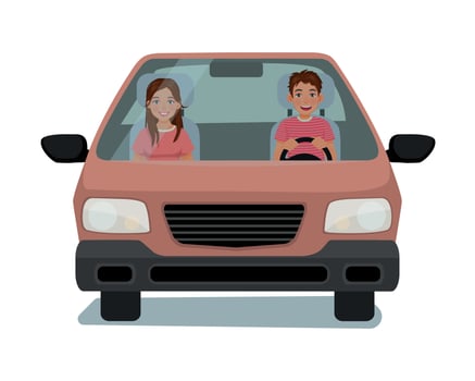 Happy young man and woman in a car on trip front view cartoon illustration design vector
