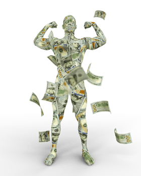 3D rendering of human figure made up of US dollar notes png