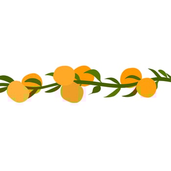 Vector branch of mandarin orange vines on white background. Fresh ripe oranges are yellow with green petioles. Great for fruit juice logos, posters, web logos.
