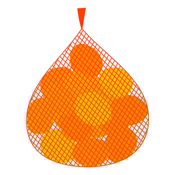 Vector illustration of mandarin oranges in a red mesh. Orange fruit packaging on a white background. Great for fresh fruit sale logos and posters.