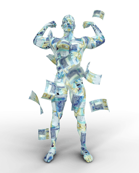 3D rendering of human figure made up of Kuwaiti dinar notes png