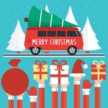 Merry Christmas greatings concept design flat. Minibus with christmas tree vector