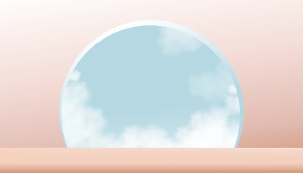 3D podium display on beige wall background,Vector backdrop banner stand with cloud blue sky on window,Minimal mockup Studio roomfor Beauty,Cosmetic,Spa product presentation vector