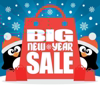 New Year Big sale background with two penguins vector