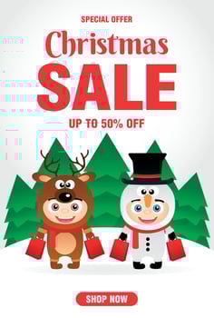 Christmas Sale poster with funny kids in Christmas costumes Deer and Snowman. Christmas sale banner design with 50 Discount vector