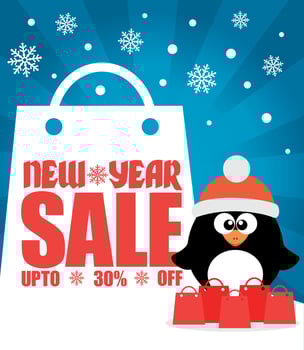 New Year sale background with penguin up to 30 off vector