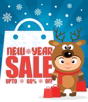 New Year sale background up to 60 off with child in costume deer vector