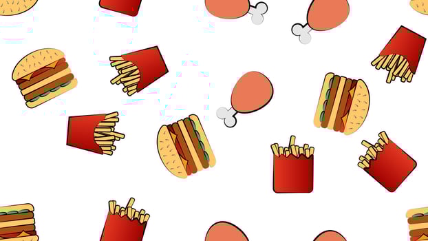 Seamless endless pattern of different delicious hearty hot fries, hamburgers, fast food chicken legs on a white background. Texture vector