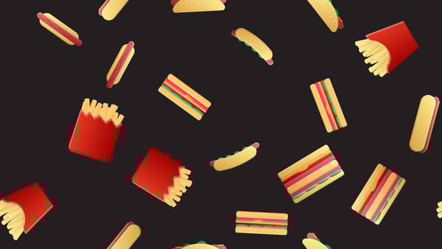 Seamless endless pattern of assorted delicious satisfying hot hot dogs, sandwiches, fast food fries on a black background. Texture vector