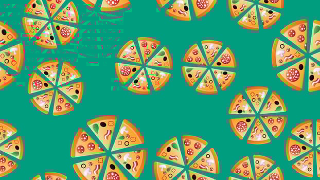 seamless pattern of pizza cartoon letters on a green background. Vector image