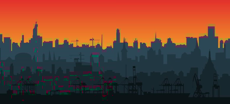 City skyline silhouette in a flat style at sunset. Layers for parallax. Modern cityscape. Cargo port with cranes. Vector EPS10.