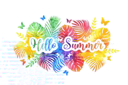Hello summer bright rainbow banner, postcard. Vector Watercolor splash background