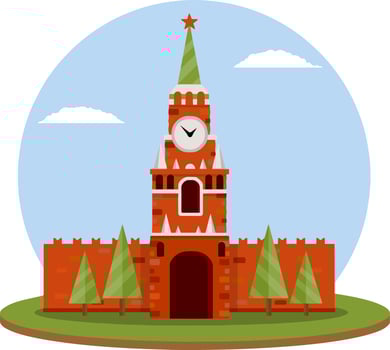 Residence of the Russian President on red square. Moscow's kremlin. Tourist destination for tour to capital. Fortress with a tower and wall. A tourist attraction. Cartoon flat illustration vector