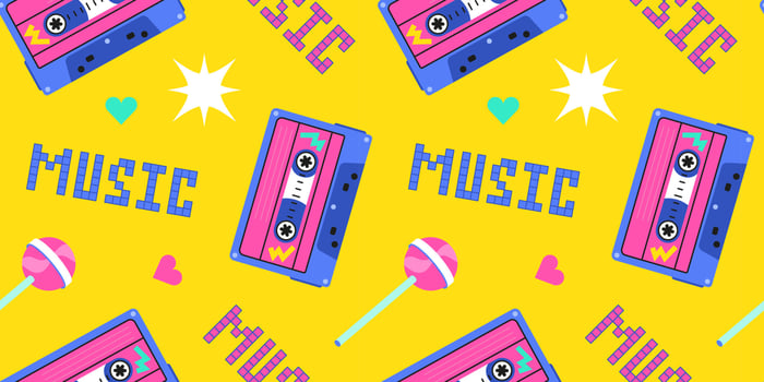 Seamless pattern of the 90s, 80s. Retro cassette, music, lollipop, sucking candy and pixels. 8 bit letters vector