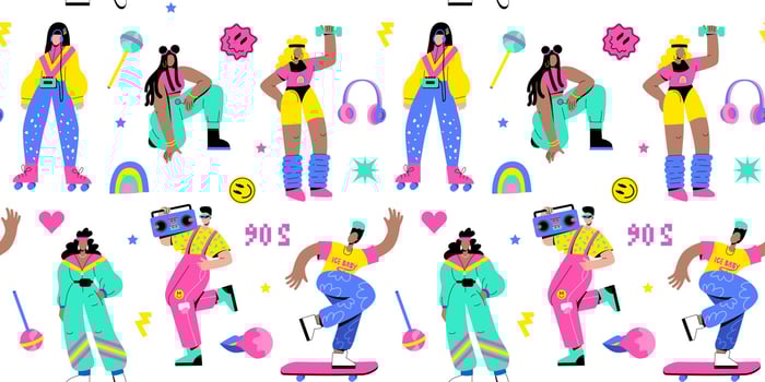 Seamless pattern with fashionable people of the 90s, 80s. Guys and girls in fashionable retro bright clothes. fabric and print vector
