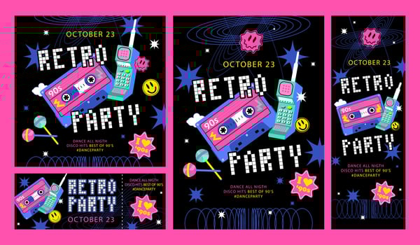 A set of posters and banners retro party in the style of the 90s, 80s. Poster of retro wave, retro fashion, disco and pixels vector