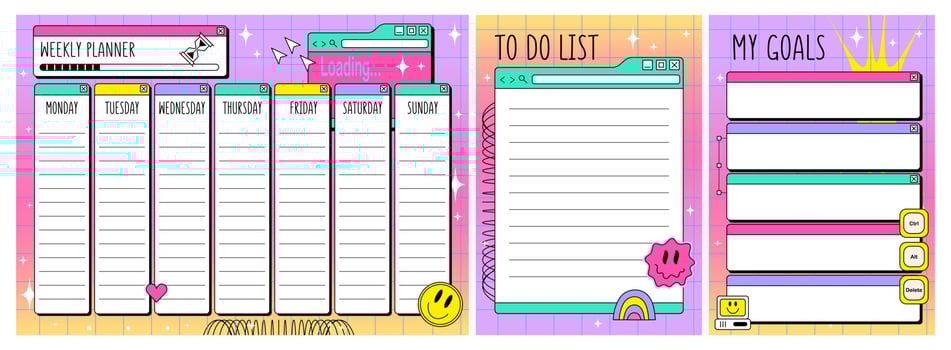 Weekly planner and To Do List  in y2k style. Kids Retrowave schedule design template vector