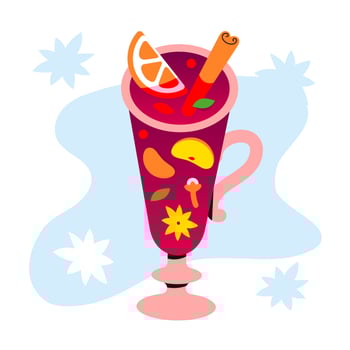 Warming mulled wine in a glass. Fruit sangria, punch, grog in a mug. Christmas drink for the menu vector