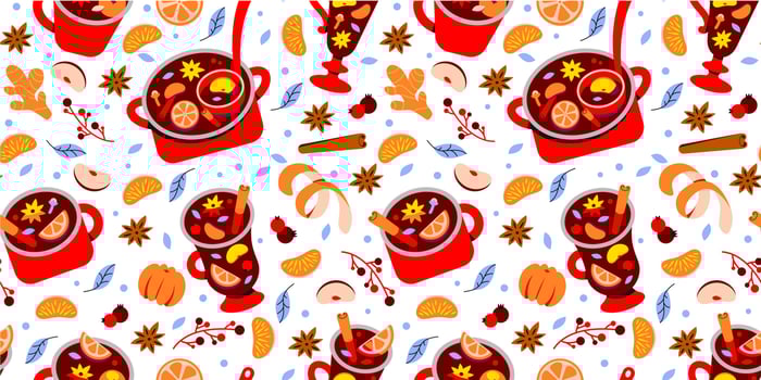 WeChristmas seamless pattern of hot winter drinks mulled wine, grog, punch or sangria. Wine in mugs and spices. vector