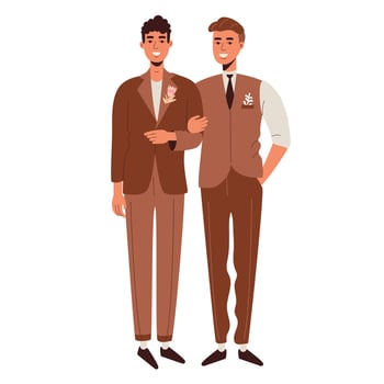 Two gay men in brown suits. LGBT wedding. Congratulations to the newlyweds. love and pride vector