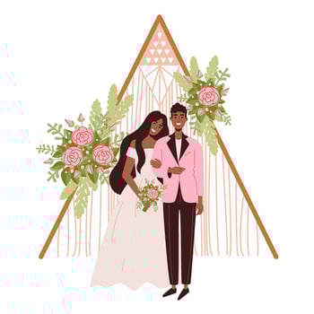 Wedding arch in Hippie and Boho style. Beautiful dark-skinned bride and groom. A woman in a wedding dress with a bouquet vector