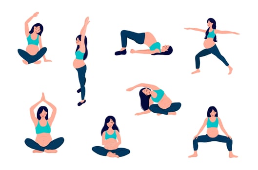 Pregnant woman doing yoga, 8 exercises for health and relaxation. vector