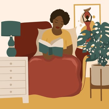 African american girl reading a book. Feminine Daily life and everyday routine scene by young woman in home interior with homeplants vector