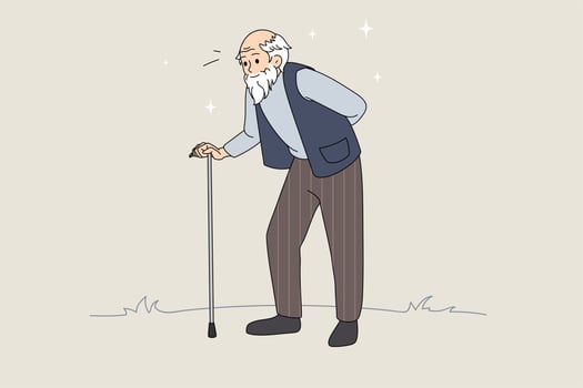 Hand drawn vector illustration of senior man with walking stick. Senior retirement. Walking old man. Vector illustration with abstract background